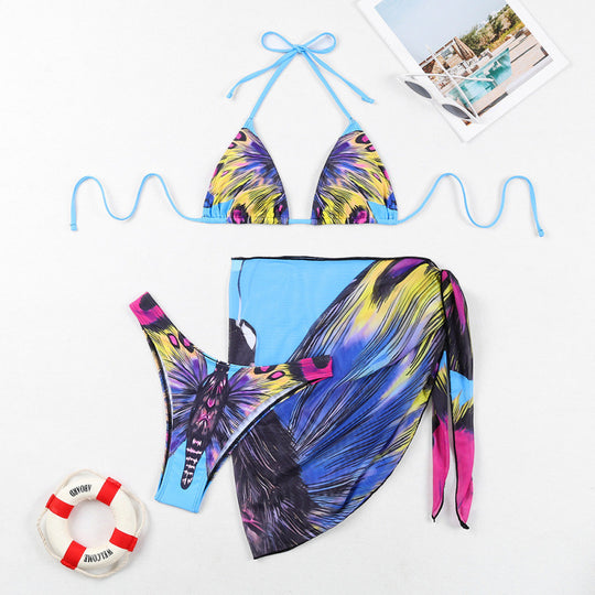Damen Triangel-Bikini mit verspieltem Wickeldetail und buntem Tropenmotiv R&B