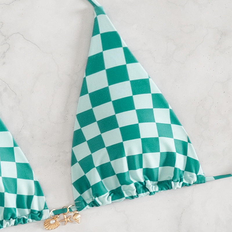 Damen Triangel-Bikini mit modernem Karodesign und verstellbaren Bändern R&B