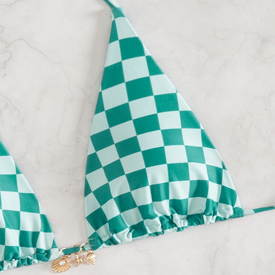 Damen Triangel-Bikini mit modernem Karodesign und verstellbaren Bändern R&B