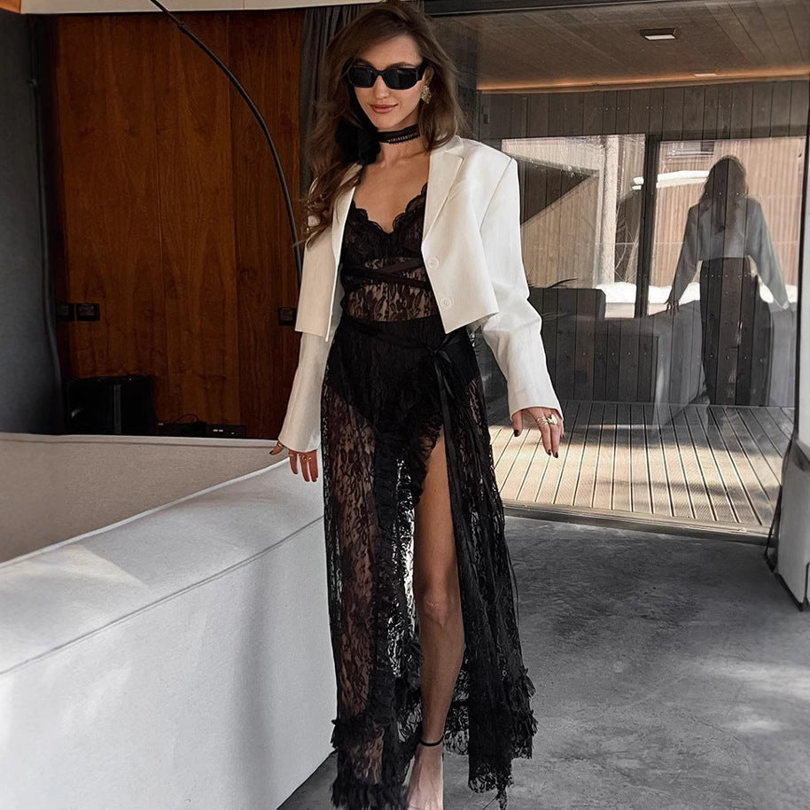 Damen Spitzenkimono mit offener Front und Rüschendetails R&B