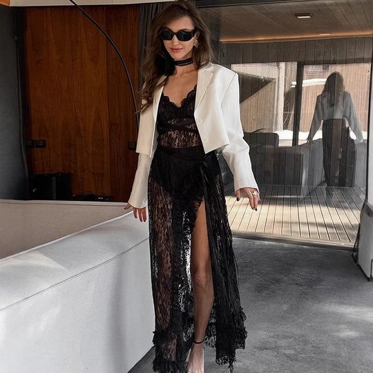Damen Spitzenkimono mit offener Front und Rüschendetails R&B
