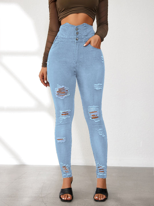 Damen High-Waist Jeans mit modischen Riss- und Knopfdetails R&B