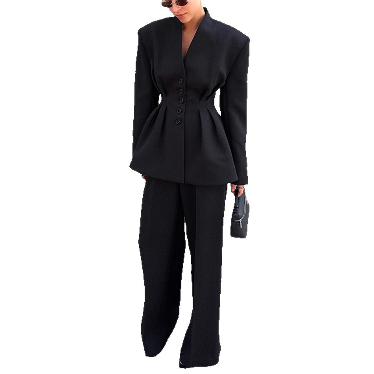 Damen Eleganter Blazer-Hosenanzug mit taillierter Silhouette und klassischen Knopfdetails R&B