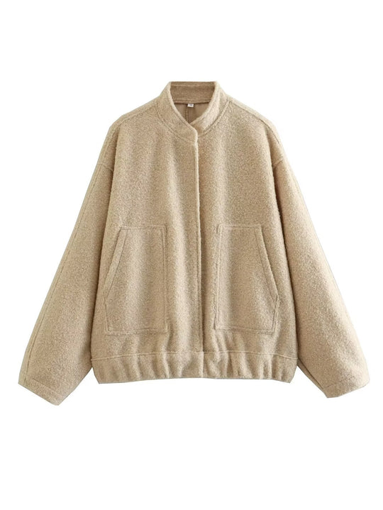Damen modische Oversized-Jacke mit Stehkragen und seitlichen Taschen R&B