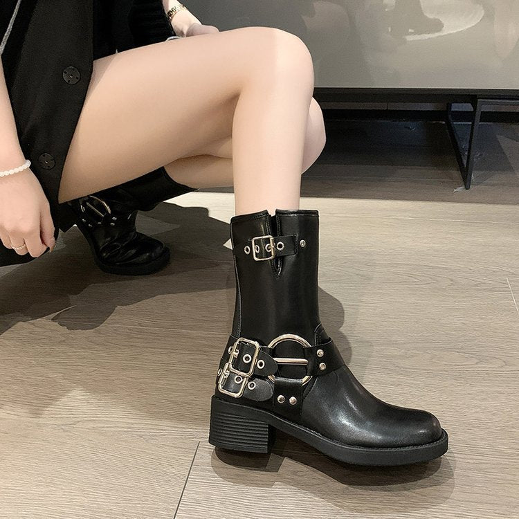 Damen Boots mit modischem Schnallen-Detail und robustem Blockabsatz R&B