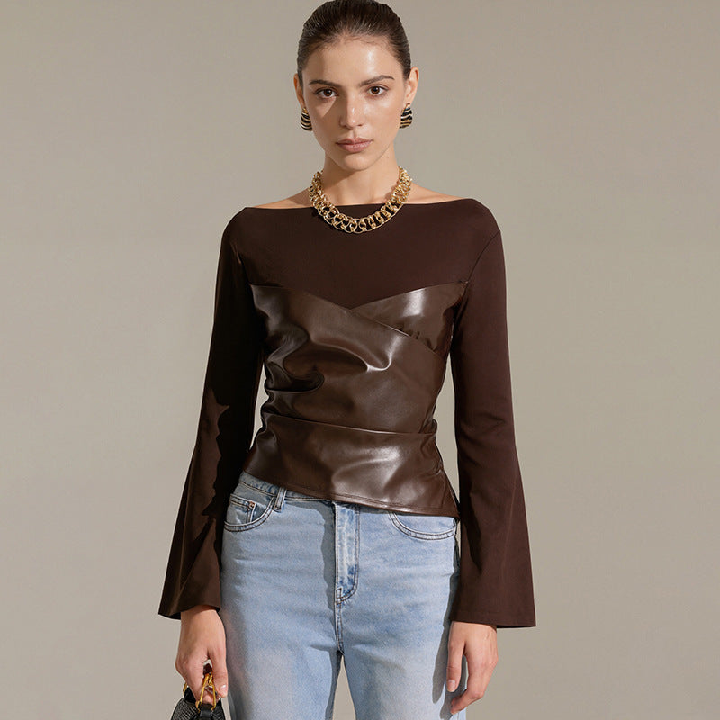 Damen Oberteil mit ausgefallenem Wickeldesign und eleganten Trompetenärmeln R&B