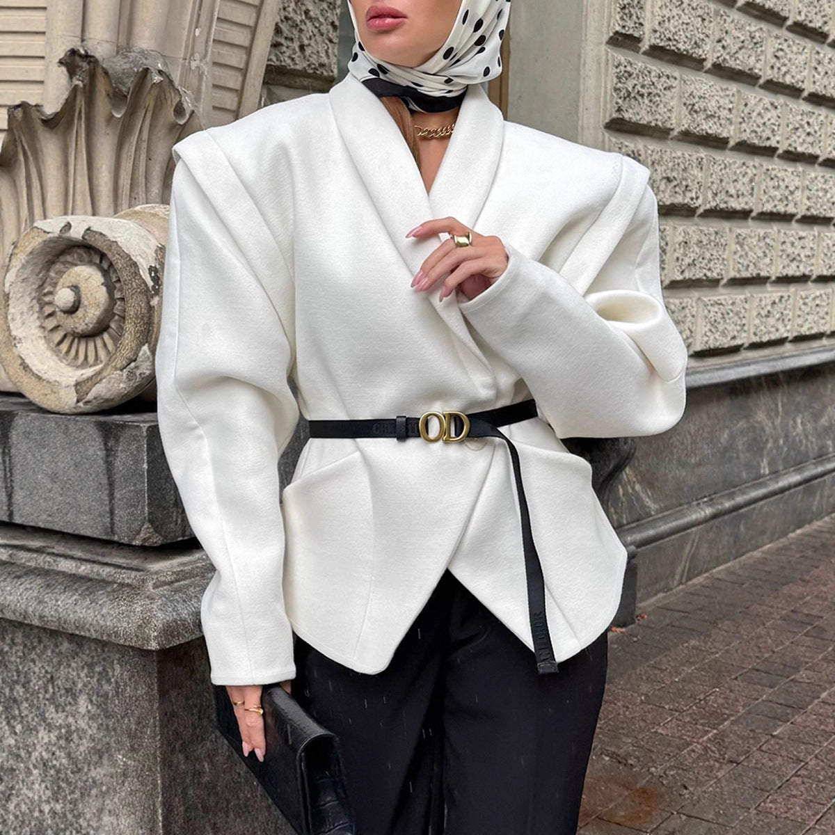 Damen Modischer Oversized-Wollmantel mit tailliertem Design und Gürtel R&B