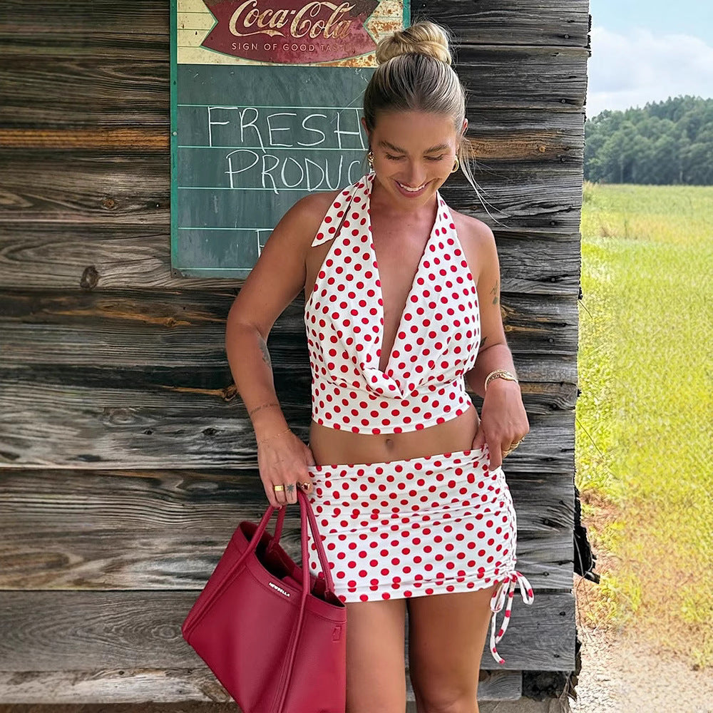Damen Verspieltes Polka-Dot Top und Wickelrock Set R&B