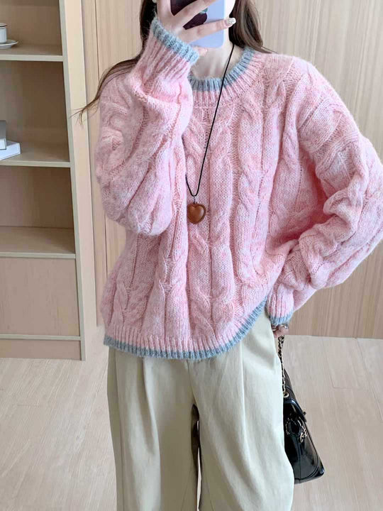 Damen Grob gestrickter Pullover mit Zopfmuster und Rundhalsausschnitt R&B