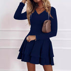 Damen V-Ausschnitt Kleid mit voluminösem Stufenrock R&B