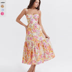 Damen Boho Maxikleid mit romantischem Blumendruck und voluminösem Rock R&B