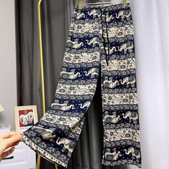 Damen Lässige Palazzo-Hose mit Elefantenmuster und elastischem Bund R&B