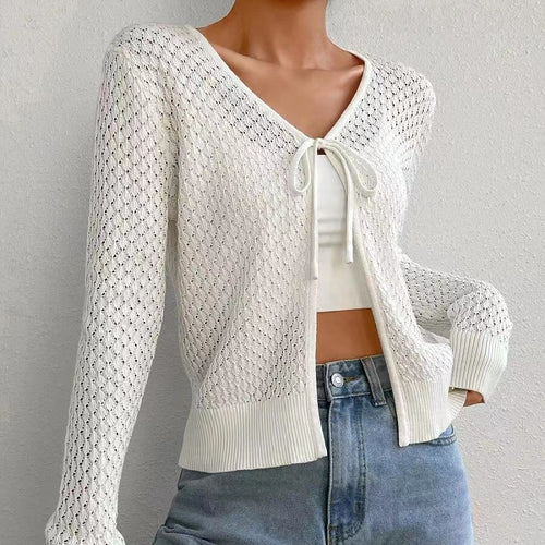Damen Strickjacke mit tiefer V-Öffnung und zartem Lochmuster R&B