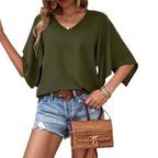 Damen V-Ausschnitt Bluse mit weitem Schnitt und lässigen 3/4-Ärmeln R&B