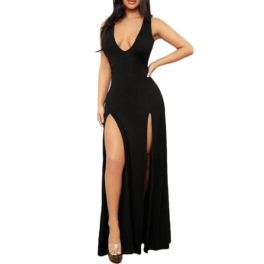 Damen Elegantes Maxikleid mit tiefem V-Ausschnitt und seitlichen Schlitzen R&B