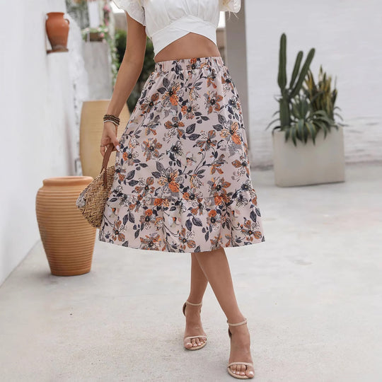 Damen Midi-Rock mit floralem Volantabschluss und elastischem Bund R&B