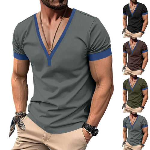 Herren V-Ausschnitt T-Shirt mit kontrastierenden Ärmeln und atmungsaktiver Baumwolle R&B