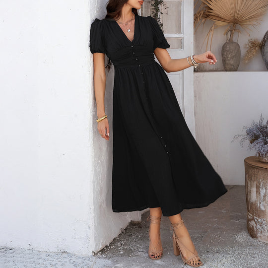 Damen Maxikleid mit V-Ausschnitt und luftigen Puffärmeln R&B