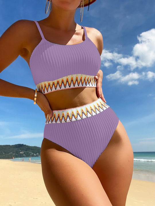 Damen Hochtailliertes Bikini-Set mit modischem Rippdesign und buntem Akzent R&B