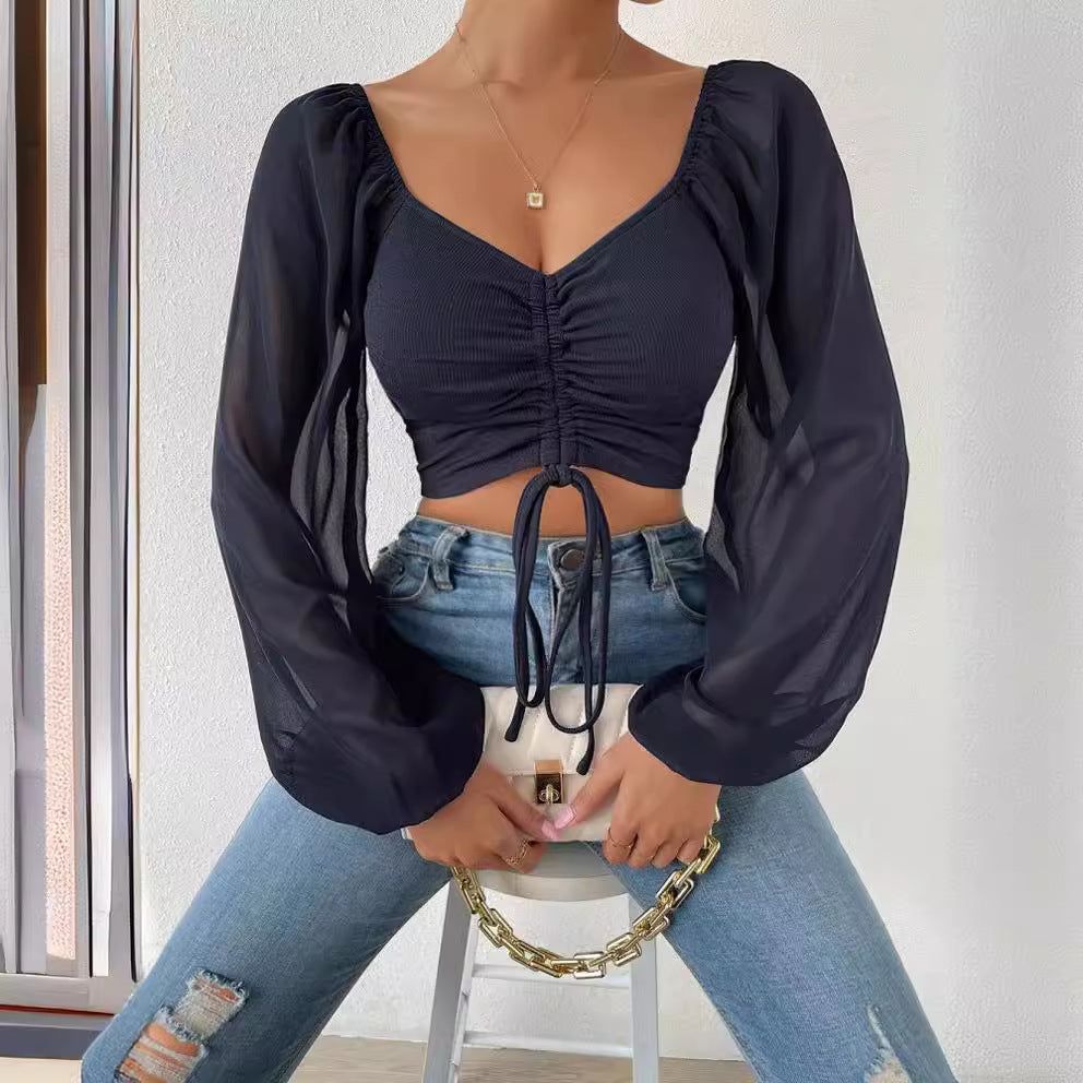 Damen Crop-Top mit strukturiertem Körper und eleganten Puffärmeln R&B