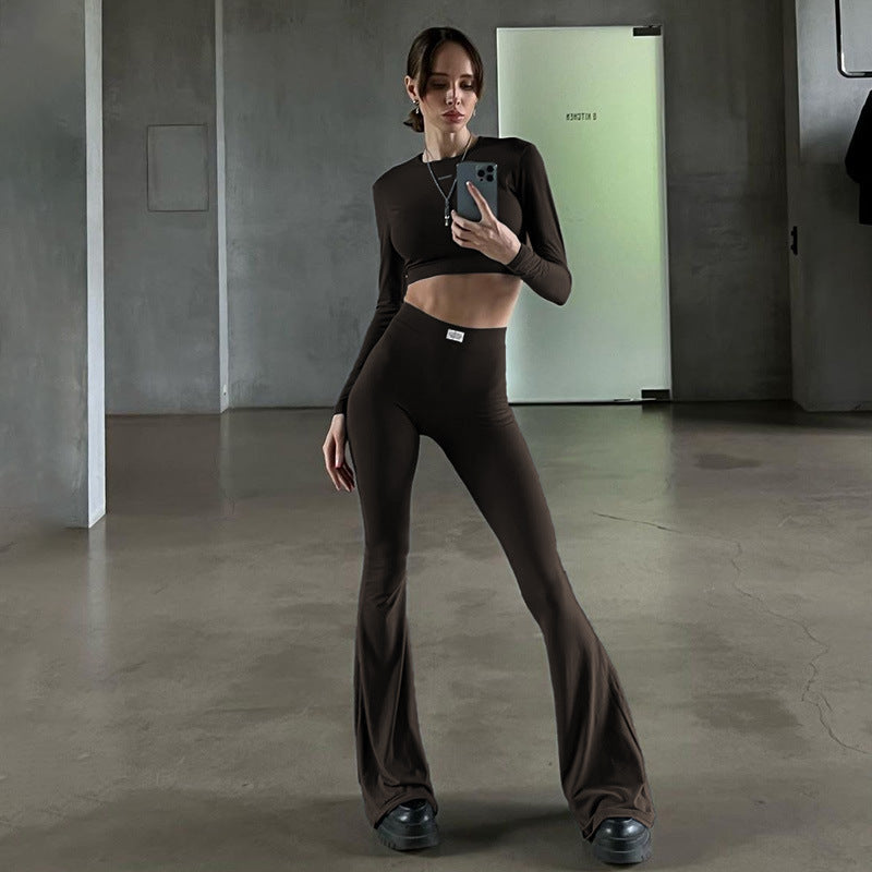 Damen Langarm Cropped Top und Flared Pants Set R&B