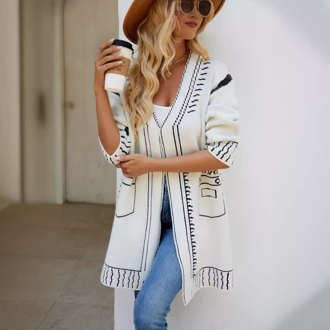 Damen Langarm Cardigan mit grafischem Design und praktischen Taschen R&B