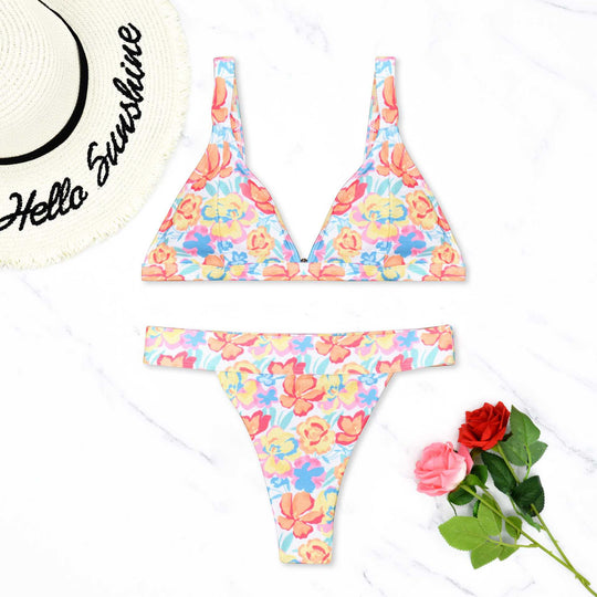 Damen Triangel-Bikini mit floralem Muster und verstellbaren Trägern R&B