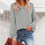 Damen Strickpullover mit romantischem Häkelmuster und voluminösen Ärmeln R&B