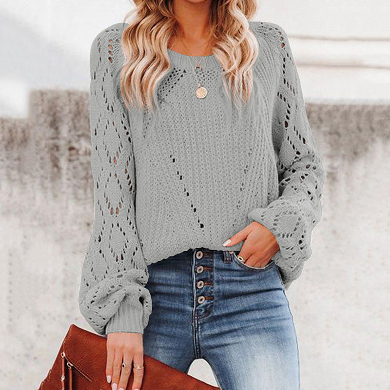 Damen Strickpullover mit romantischem Häkelmuster und voluminösen Ärmeln R&B