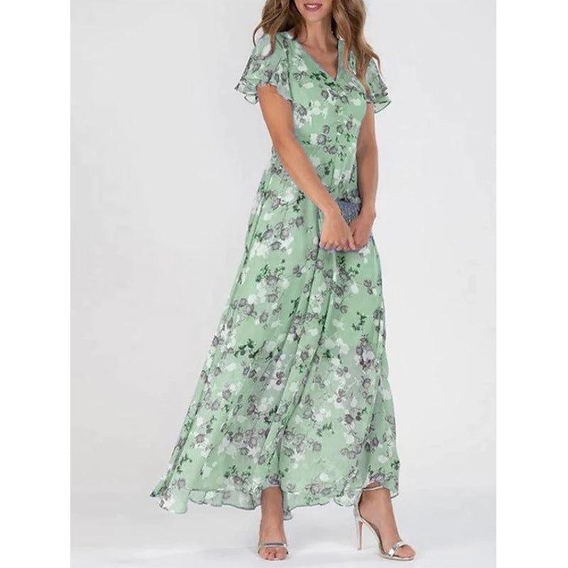 Damen Maxikleid mit floralem Chiffon-Stoff und transparenten Ärmeln R&B