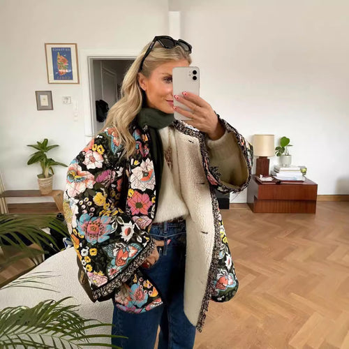 Damen gestepptes Blütenmuster Jacke R&B