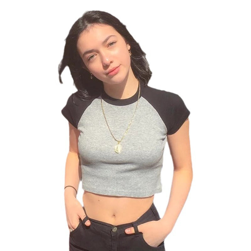 Damen Kurzarm Crop-Top mit farblich abgesetzten Raglanärmeln R&B