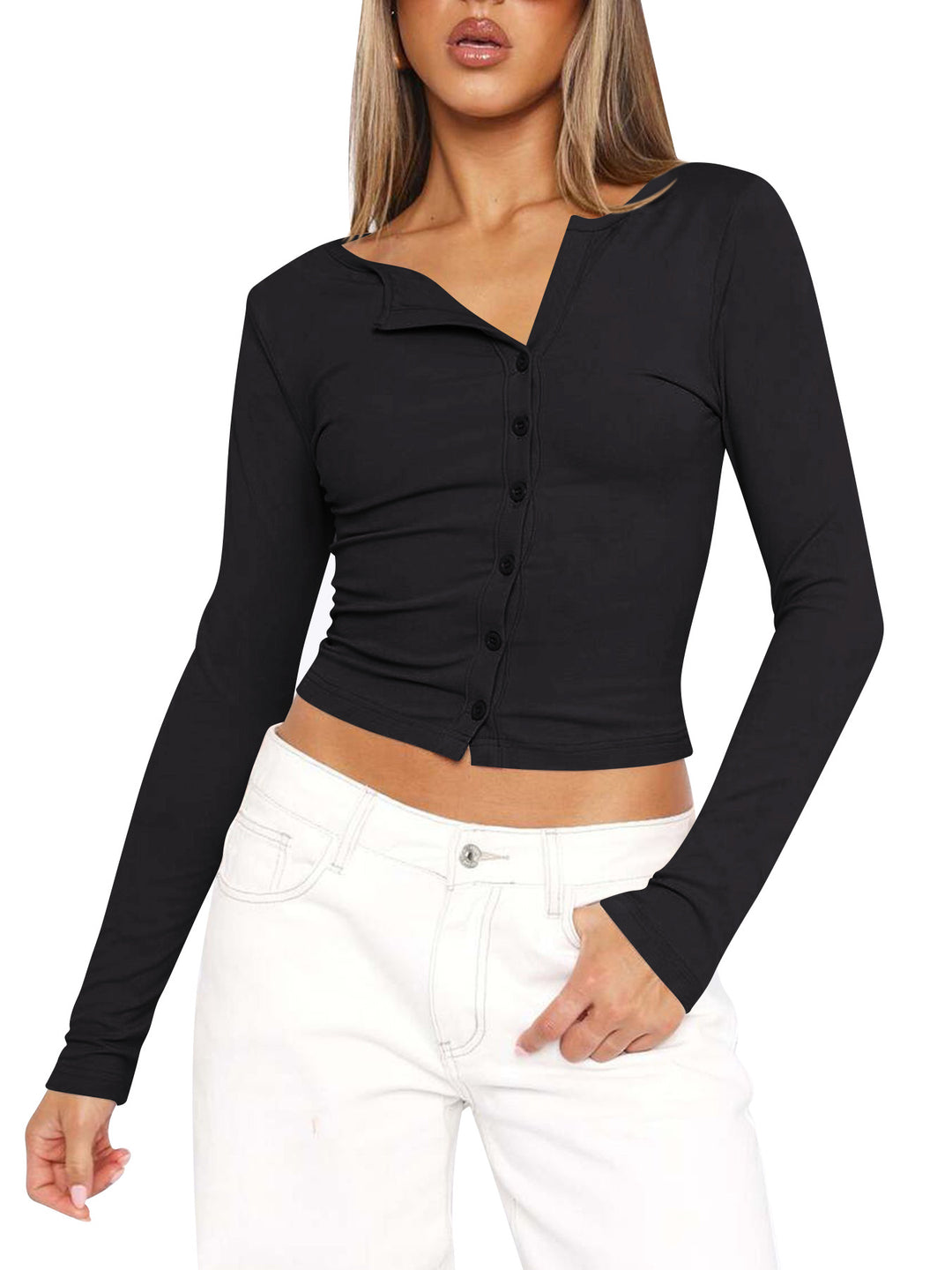 Damen figurbetontes Langarmshirt mit Knopfleiste und V-Ausschnitt R&B