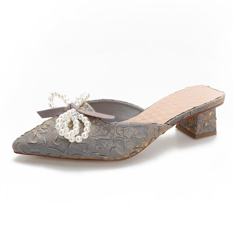 Damen elegante Mules mit perlenverziertem Schleifendetail