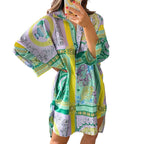 Damen stylisches Oversized-Hemdkleid mit buntem Muster und weit geschnittenen Ärmeln R&B