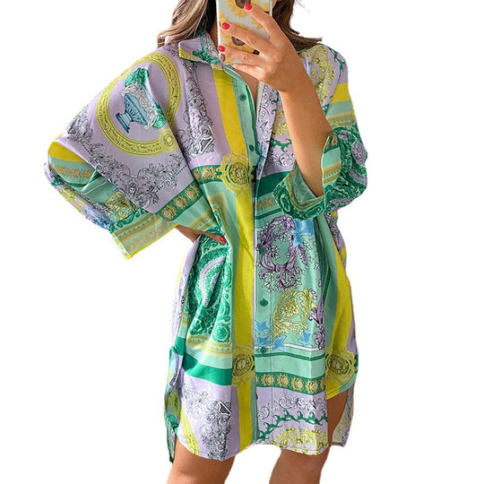 Damen stylisches Oversized-Hemdkleid mit buntem Muster und weit geschnittenen Ärmeln R&B