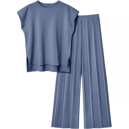 Damen elegantes Set mit kurzärmligem Oberteil und plissierter Hose R&B