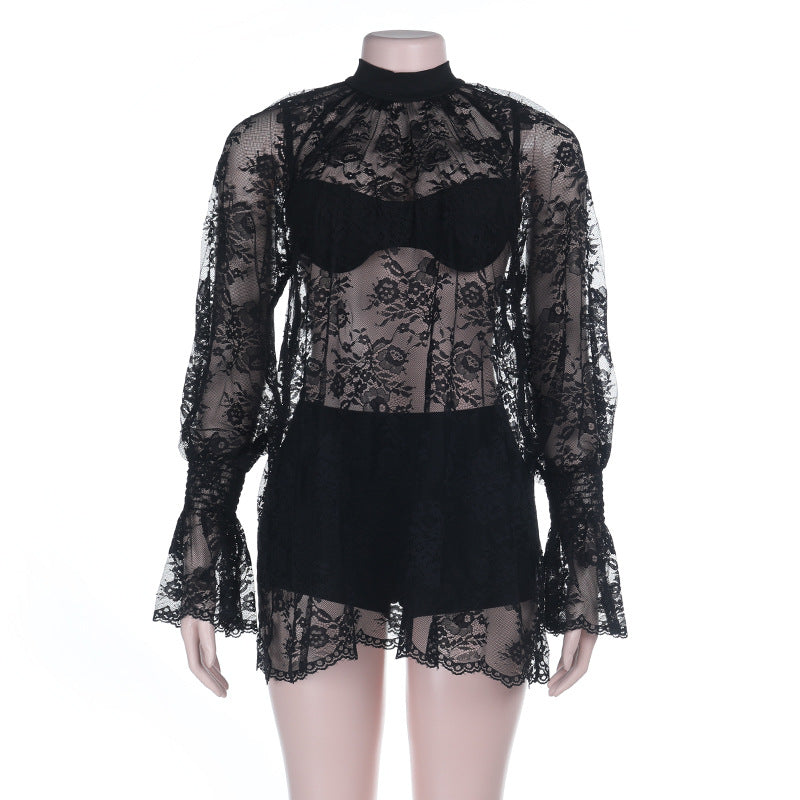Damen Spitzenbodysuit mit elegantem Stehkragen und voluminösen Ärmeln R&B
