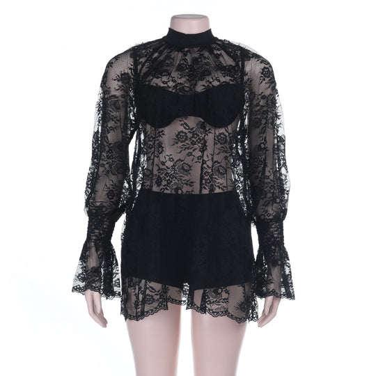 Damen Spitzenbodysuit mit elegantem Stehkragen und voluminösen Ärmeln R&B