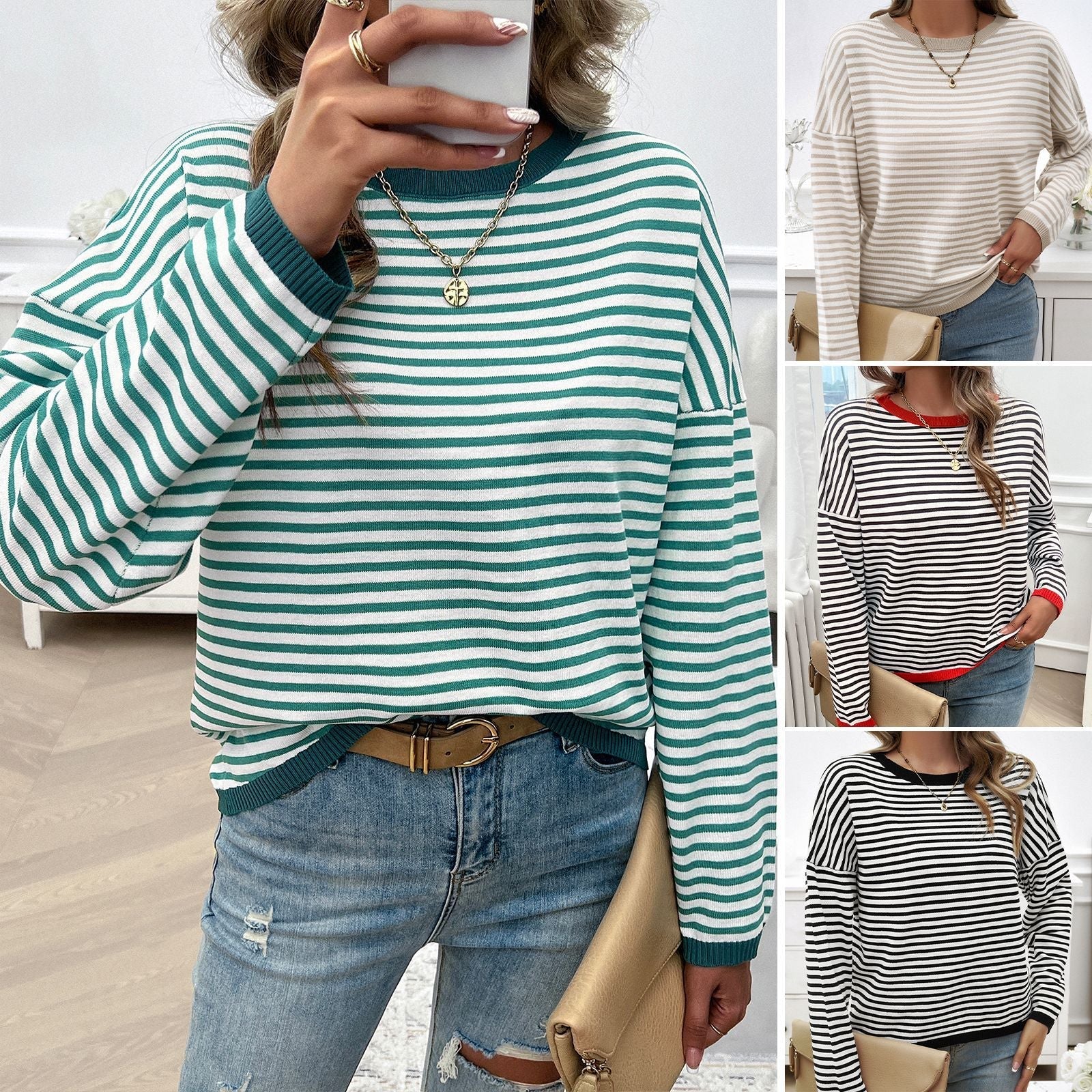 Damen Lässiger Streifenpullover mit Farbigen Akzenten R&B