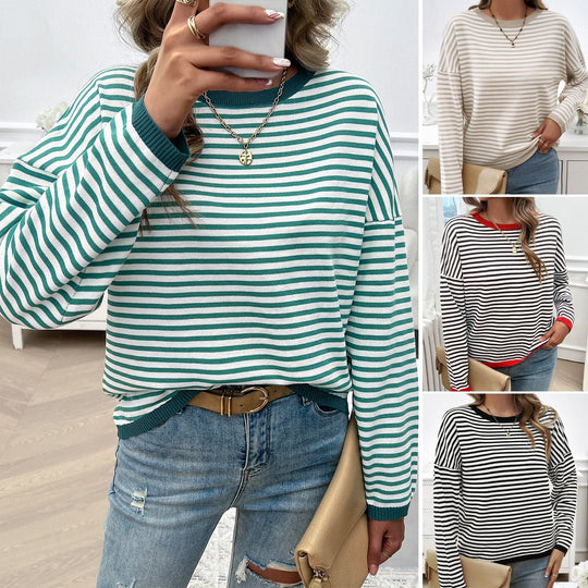 Damen Lässiger Streifenpullover mit Farbigen Akzenten R&B
