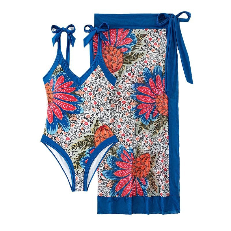 Damen Eleganter One-Piece Badeanzug mit floralem Wickeltuch R&B