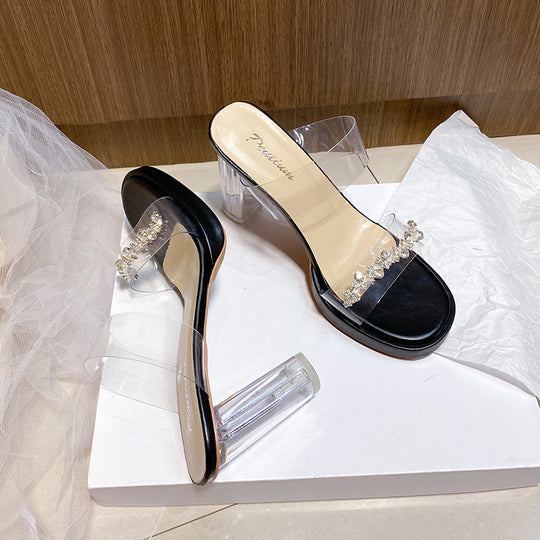 Damen transparente Mules mit funkelndem Strass-Riemchen R&B