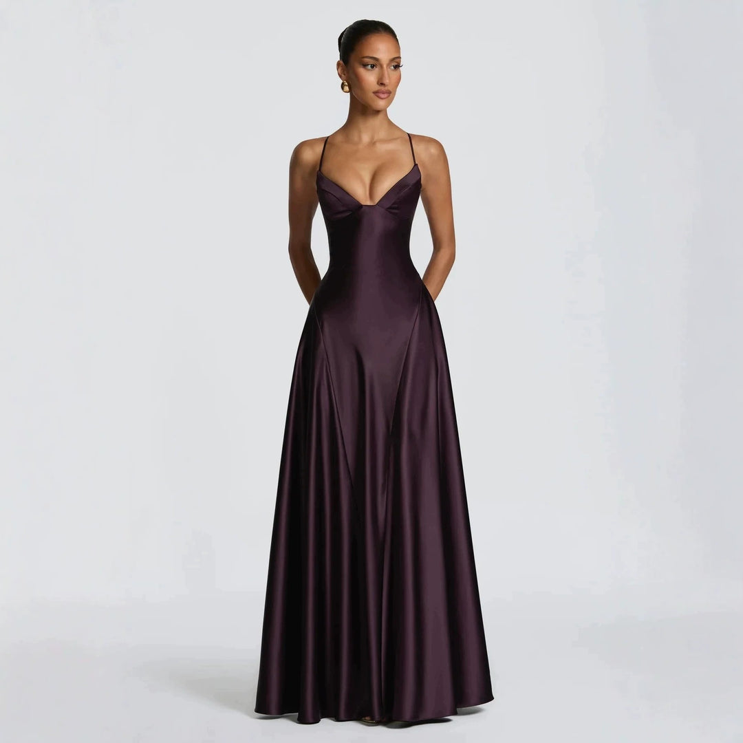 Damen elegantes Satin-Maxikleid mit raffinierten Spaghettiträgern R&B