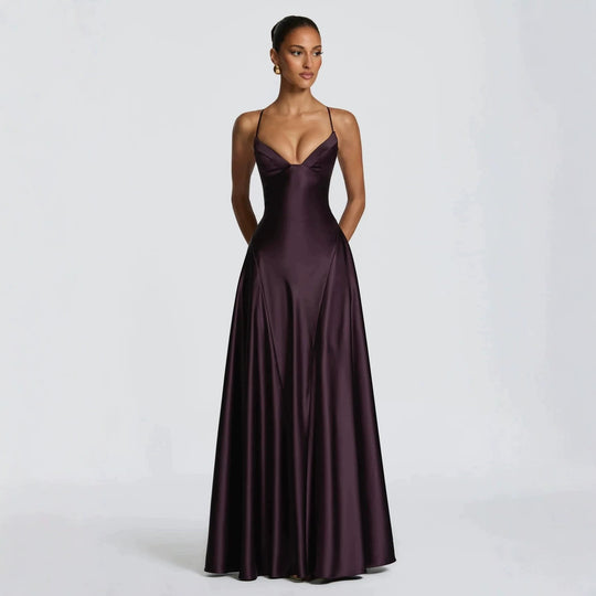 Damen elegantes Satin-Maxikleid mit raffinierten Spaghettiträgern R&B