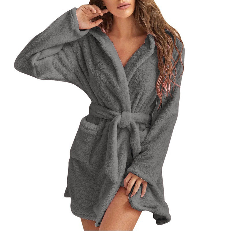 Damen Kuscheliger Fleece-Bademantel mit Kapuze und Taillengürtel R&B