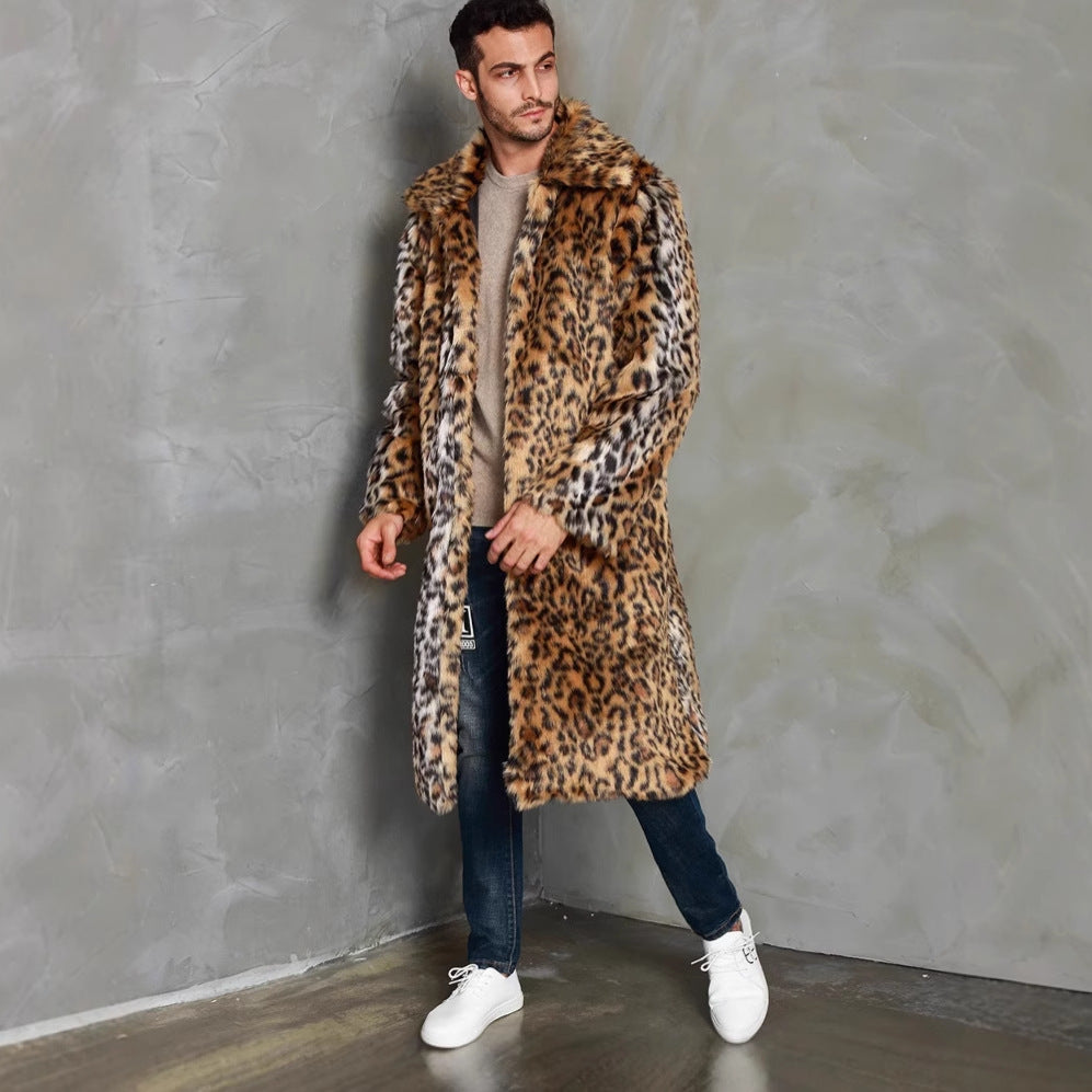 Herren Eleganter Kunstfellmantel mit Leopardenmuster und breitem Kragen R&B