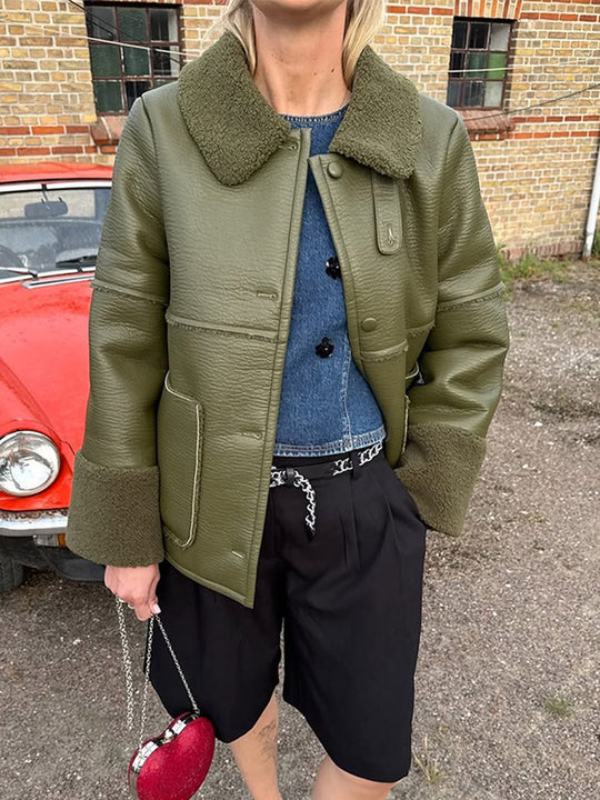 Damen Kunstlederjacke mit flauschigem Kragen und praktischen Taschen R&B