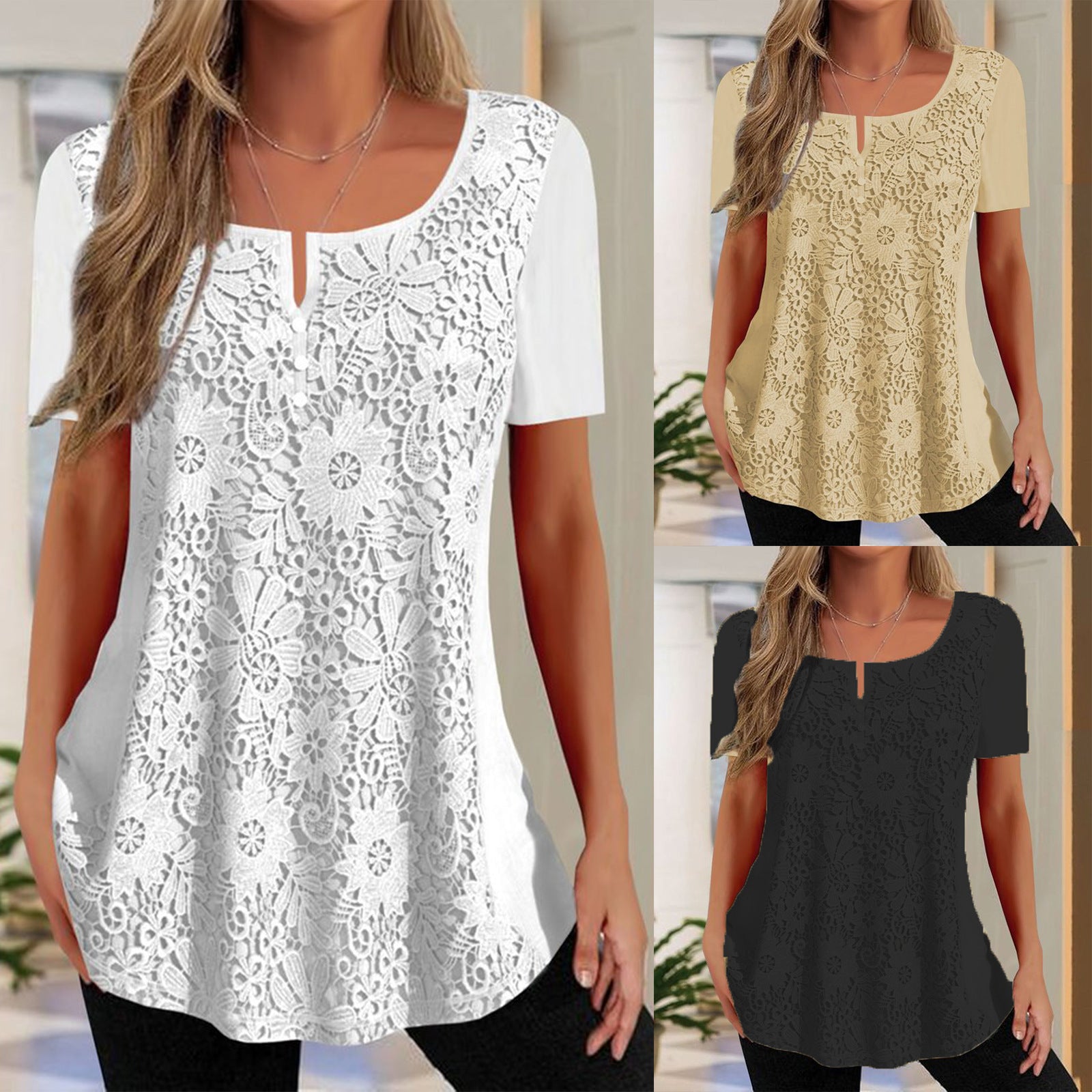 Damen Spitzenbluse mit floralem Design und Kurzarm R&B