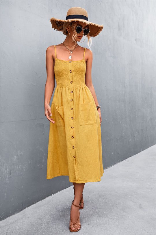 Damen Sommerliches Knopfkleid mit elastischer Taille und praktischen Taschen R&B